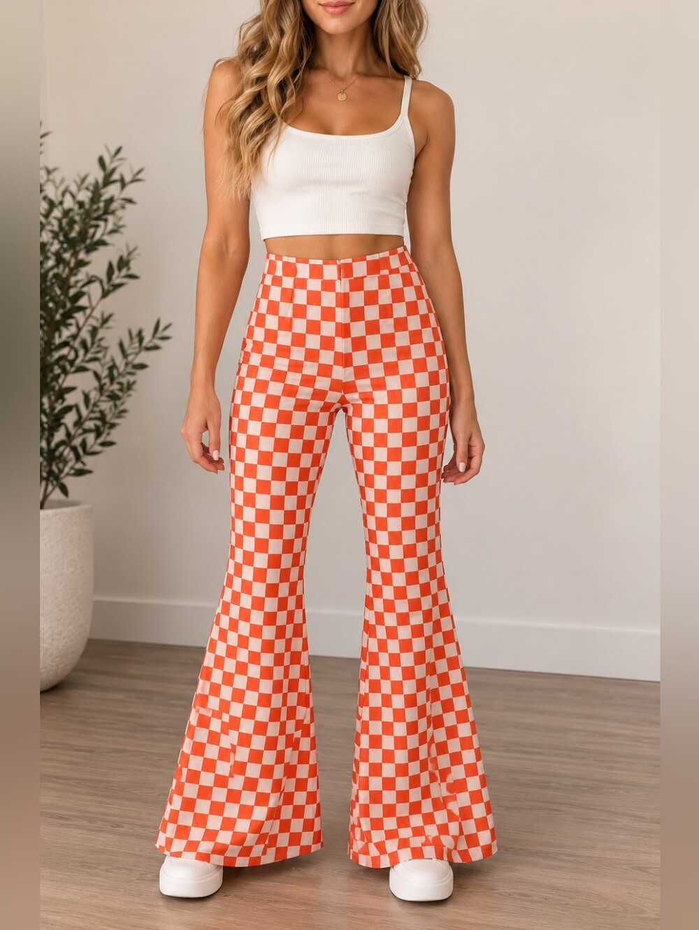Orange White Checkerboard Flare Bell Bottom Pants Y2K Retro XS